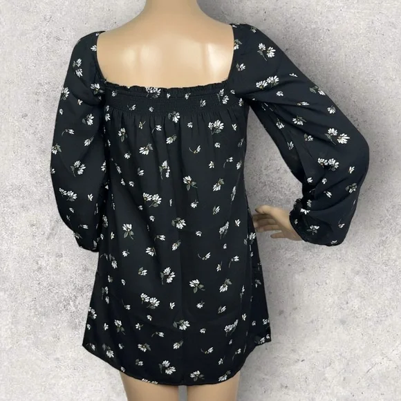 Abercrombie‎ & Fitch Smocked Black Floral Dress Size Small Mini Long Sleeve Boho - Picture 4 of 16